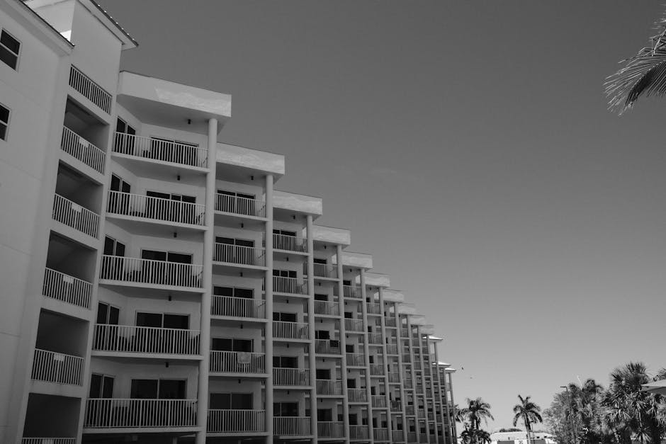 Black and white photo of a modern apartment building in St. Petersburg, FL with palm trees.