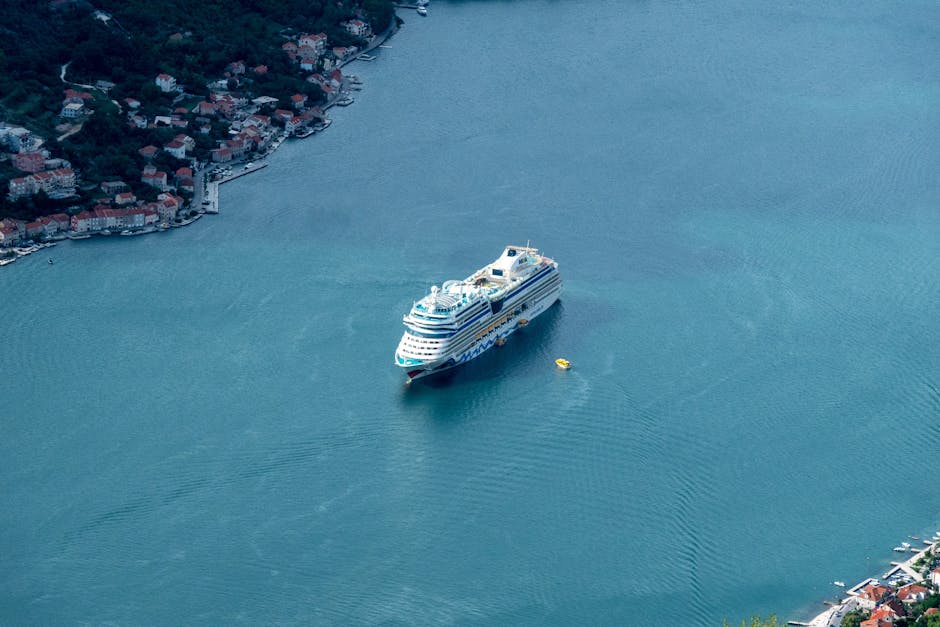 Stunning aerial view of a cruise ship navigating Montenegro's beautiful bay.