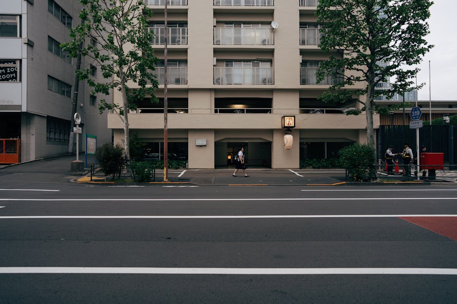 Street view of an urban area in Tokyo, showcasing buildings and a pedestrian crossing.