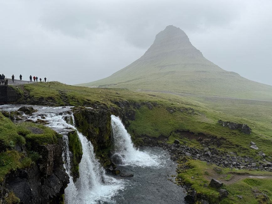 Scenic view of Kirkjufell Mountain with waterfall, Iceland's iconic natural landmark.